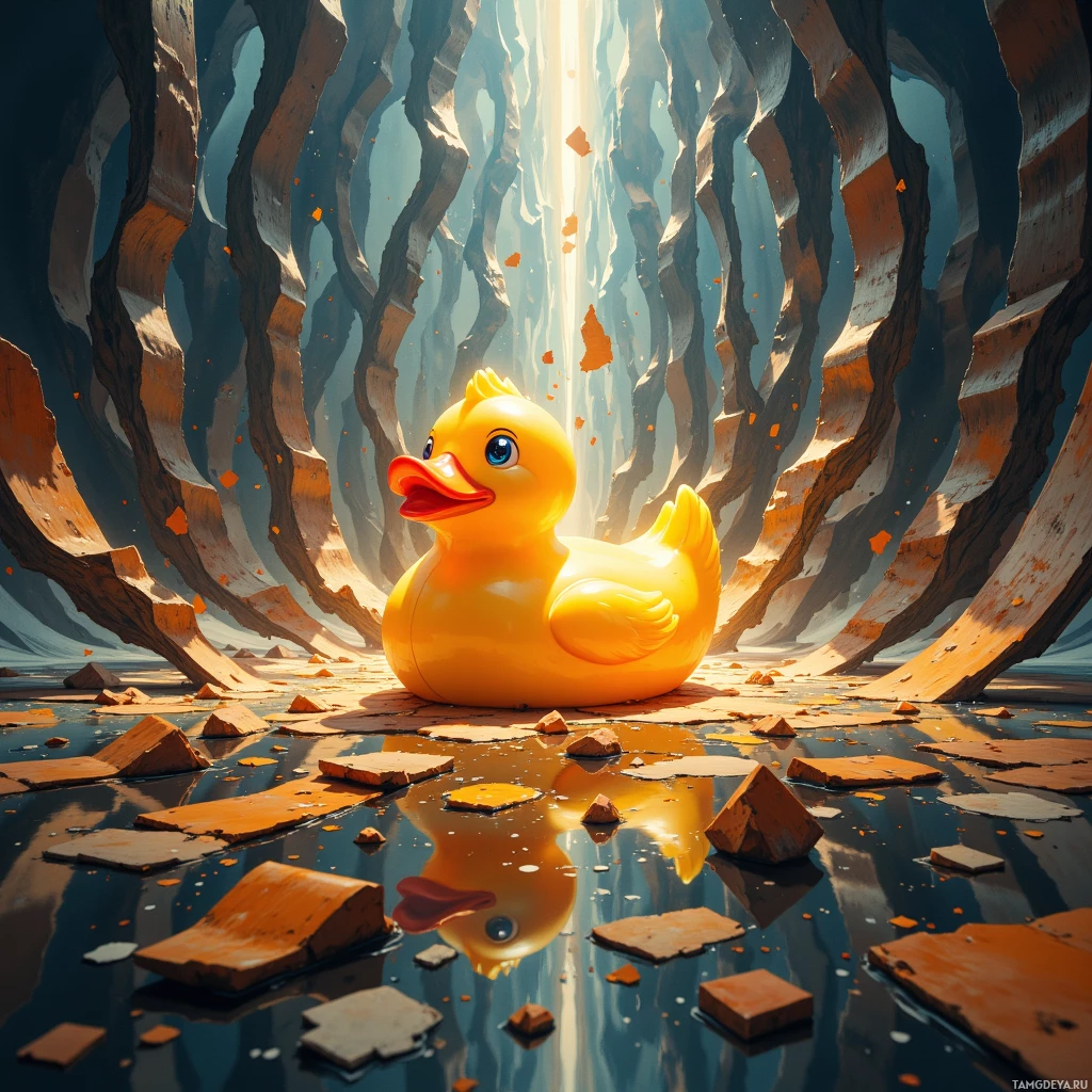 A yellow rubber duck floats in a surreal, cracked landscape with a glowing light source in the background.