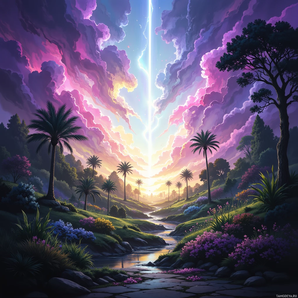 A vibrant landscape with palm trees, a flowing stream, and a dramatic sky with a bright vertical light.