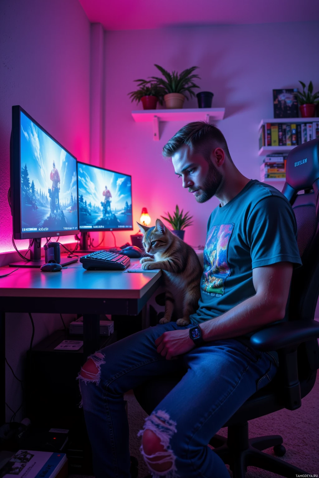 A person sits at a desk with two monitors displaying a game, accompanied by a cat on their lap in a cozy room illuminated with pink and blue lights.