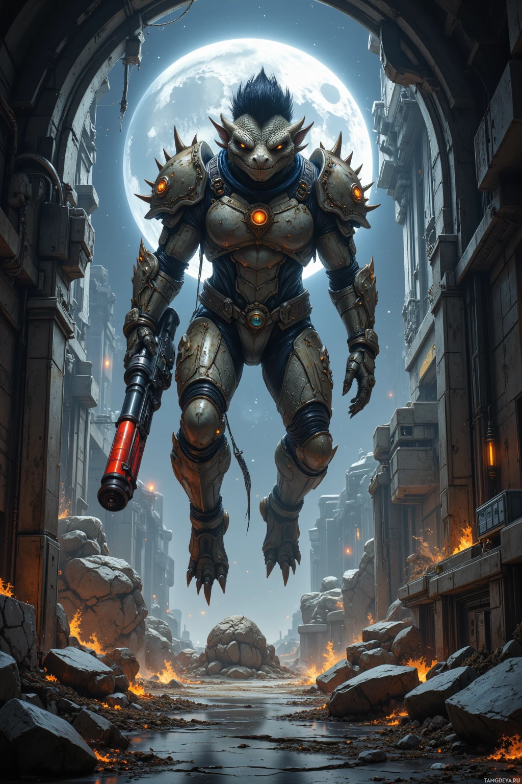 A menacing, armored creature stands in a desolate, moonlit urban landscape.