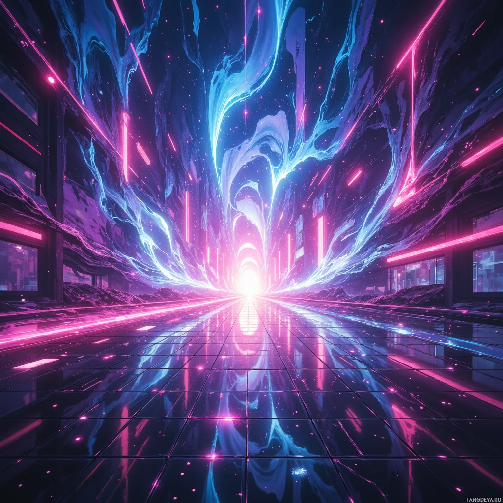 A vibrant, futuristic scene with neon lights and glowing energy streams.