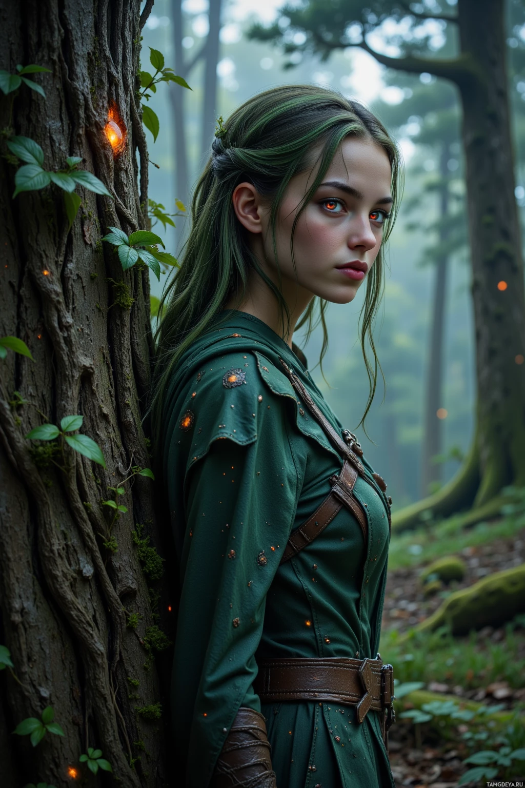 A person in a green outfit stands in a forest, leaning against a tree.