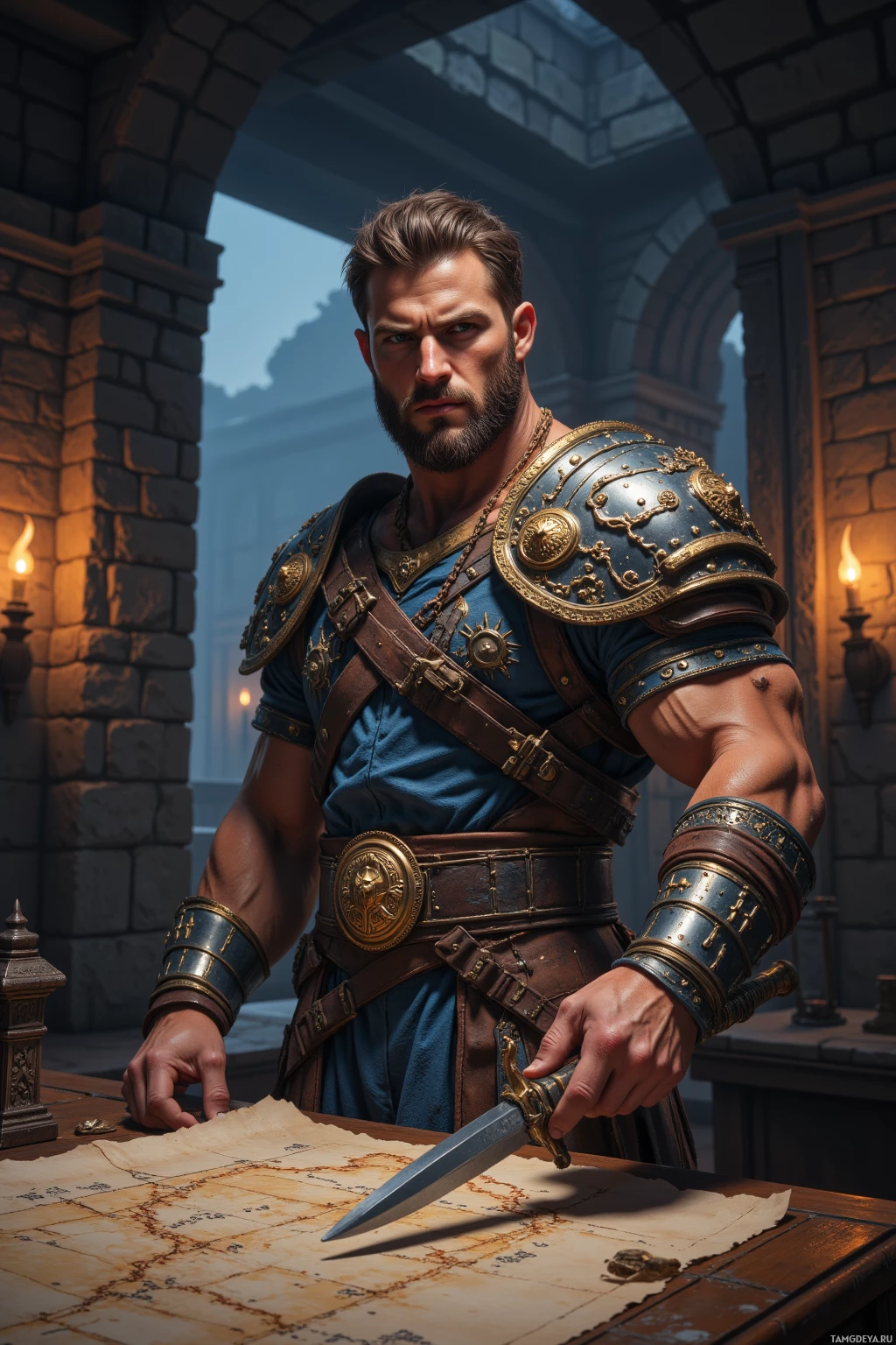 A man in ornate armor stands beside a map, holding a dagger.