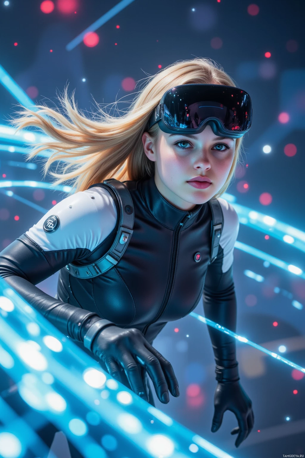 A person in futuristic attire and goggles stands amidst neon lights.
