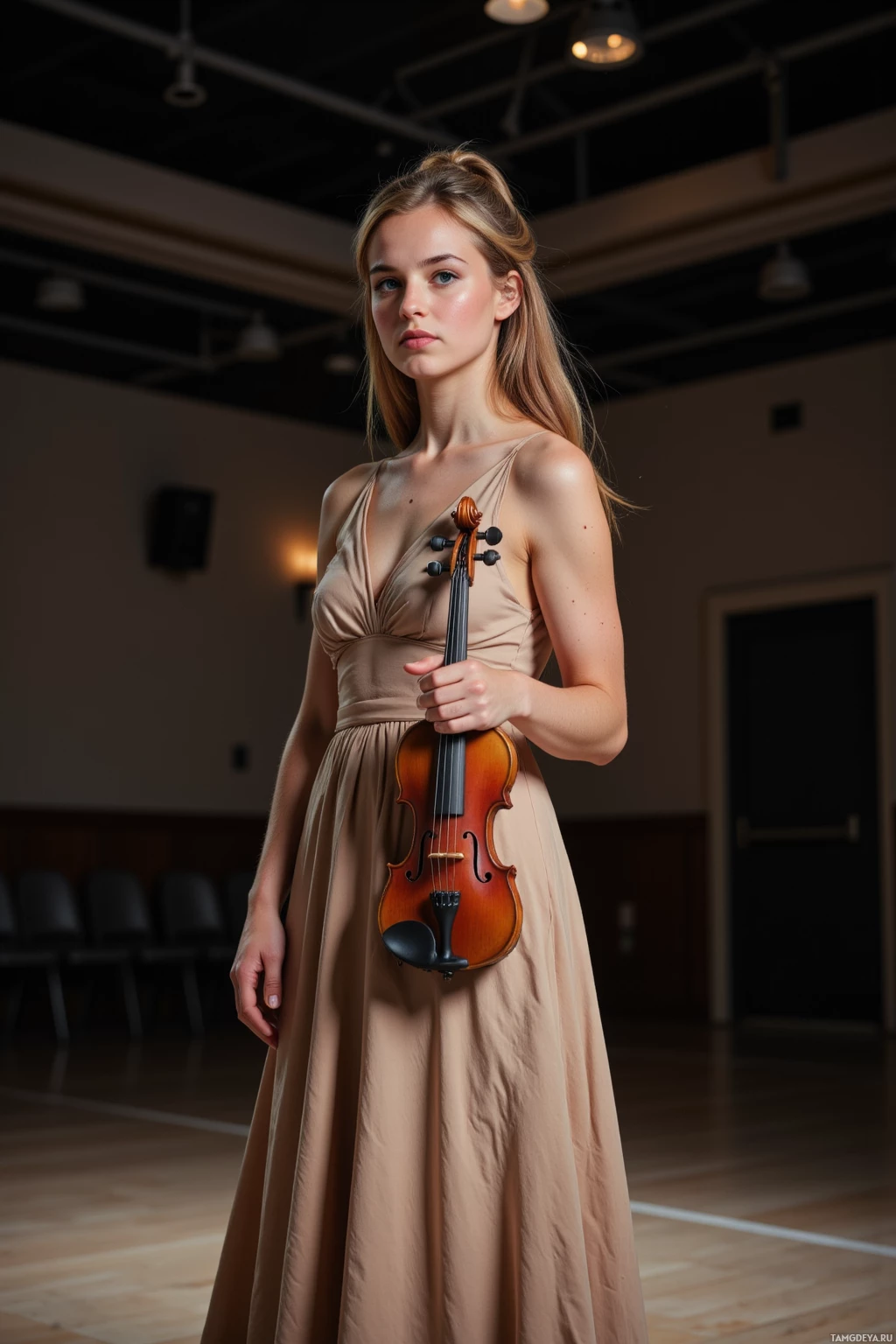 A woman in a beige dress holds a violin while standing indoors.