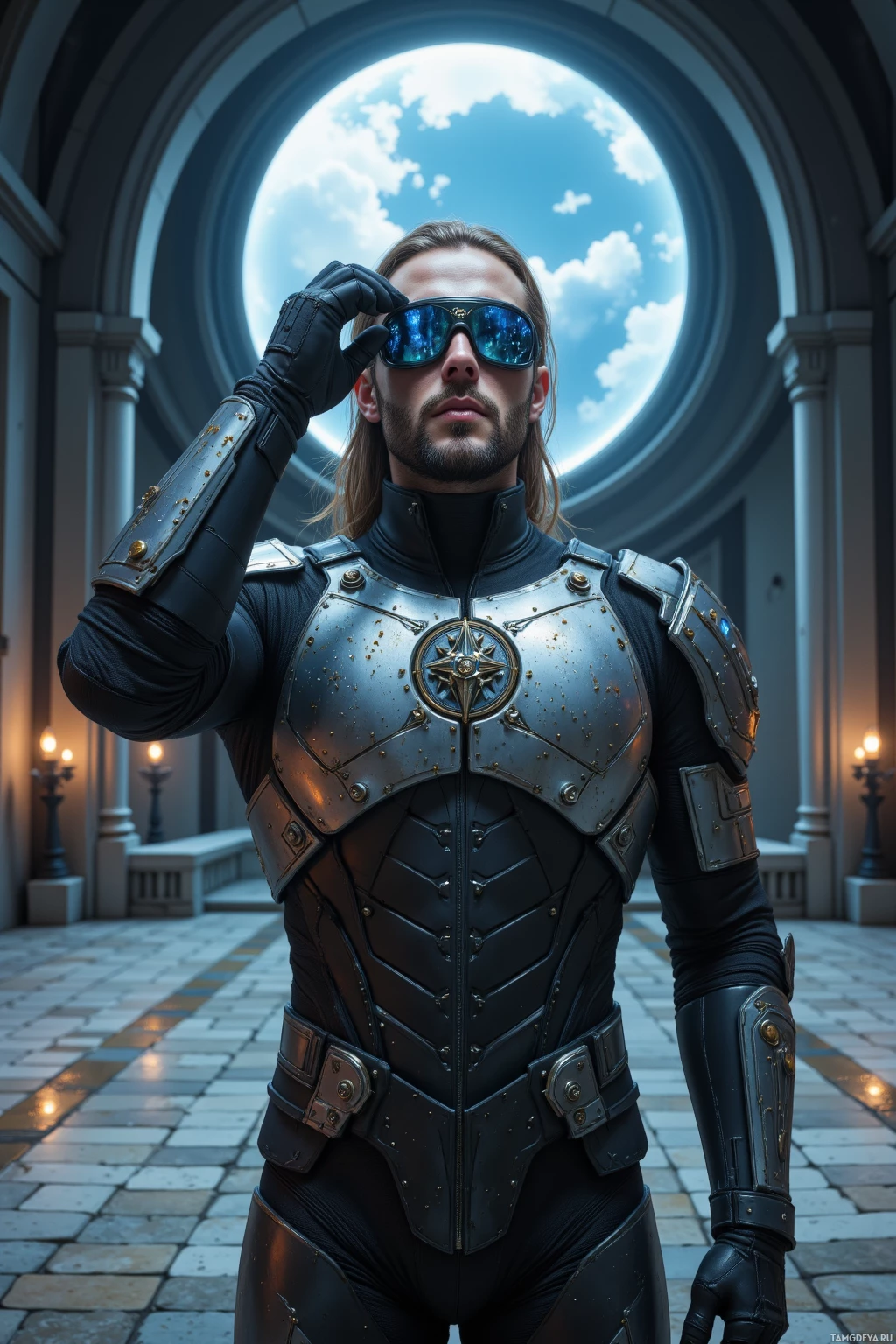 A person in a futuristic armored suit stands in a grand hallway with a circular window above.