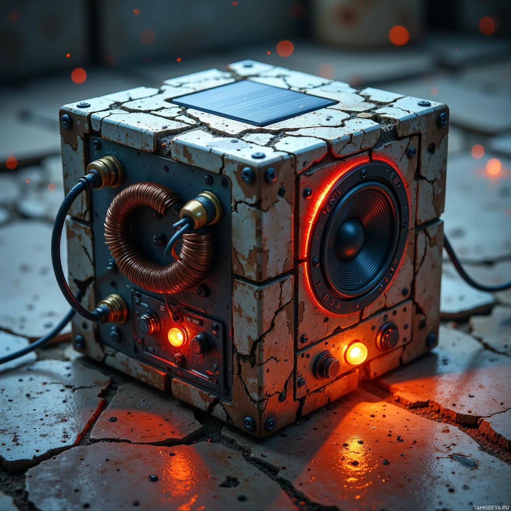 A rugged, industrial-looking speaker with glowing lights and a solar panel on top.