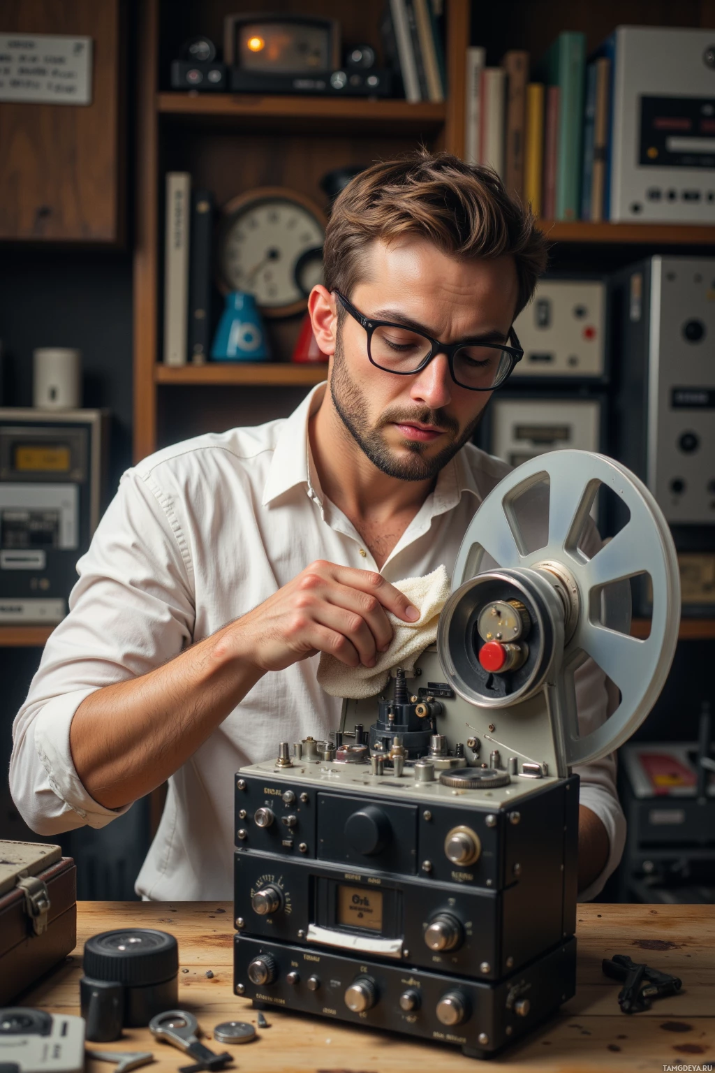 A person is cleaning a vintage radio with a cloth.
