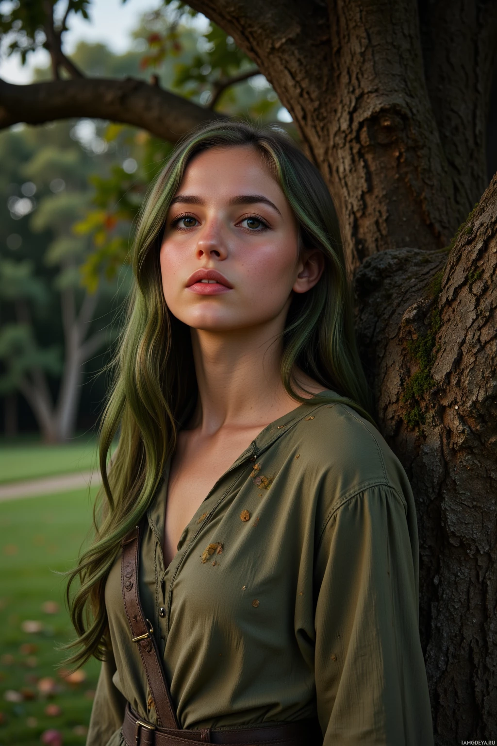 A person with green hair leans against a tree in a park setting.