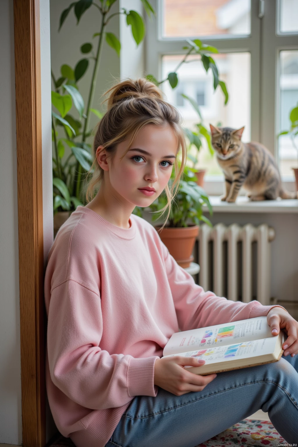 A person in a pink sweatshirt sits by a window with a cat and holds an open book.