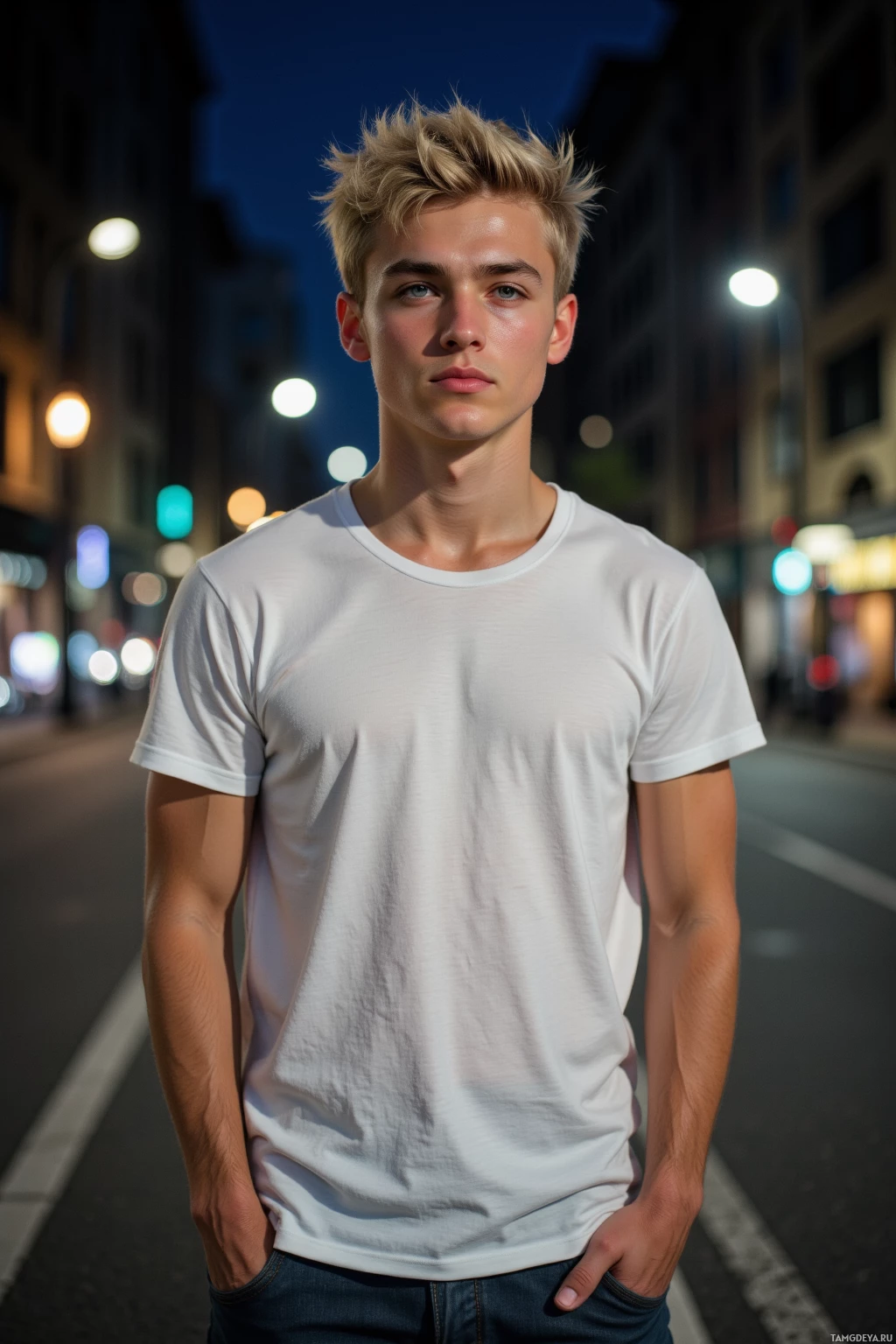 A young man stands on a city street at night, wearing a white t-shirt and jeans.