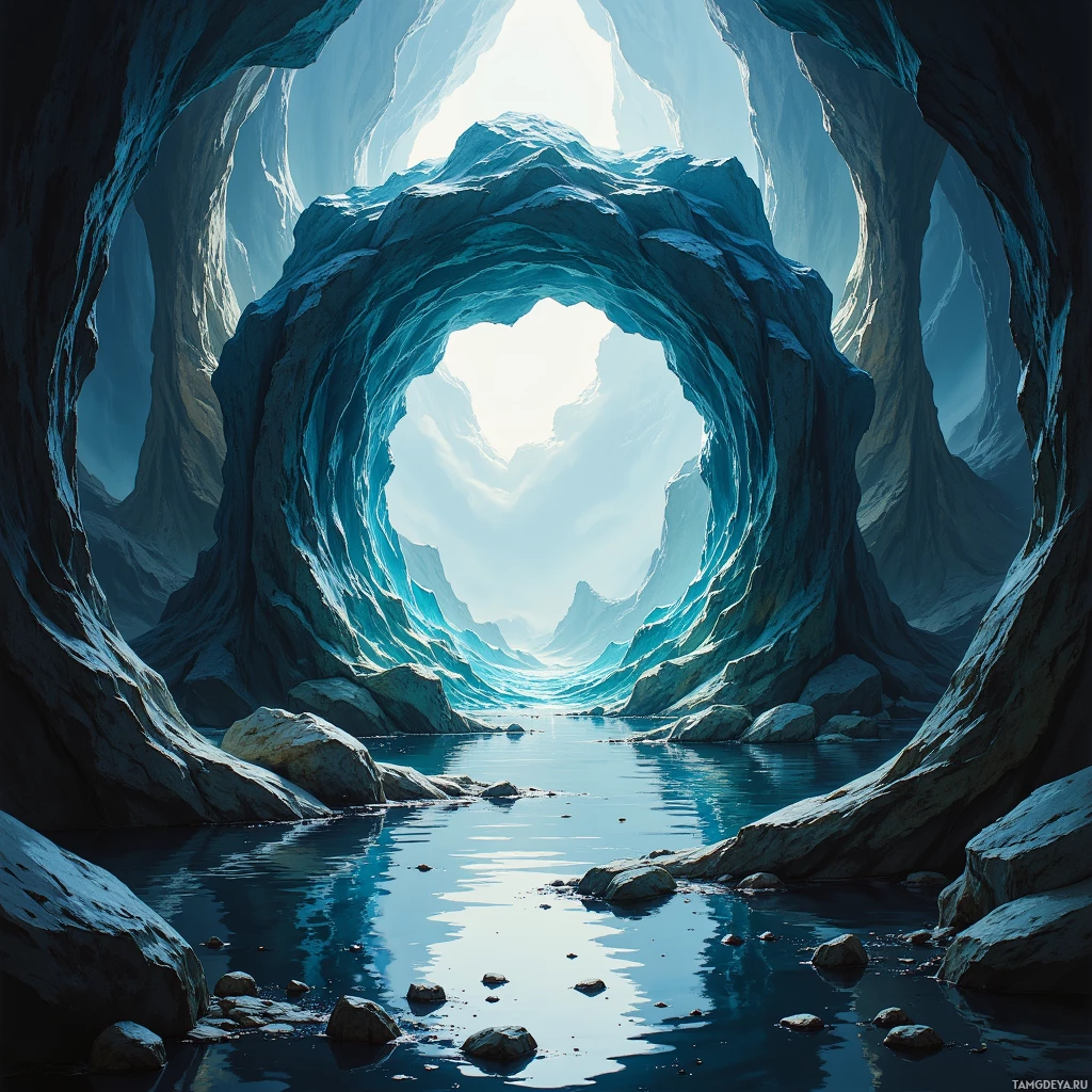 A serene cave with blue-toned walls and water at its base leads to an opening where light filters through.