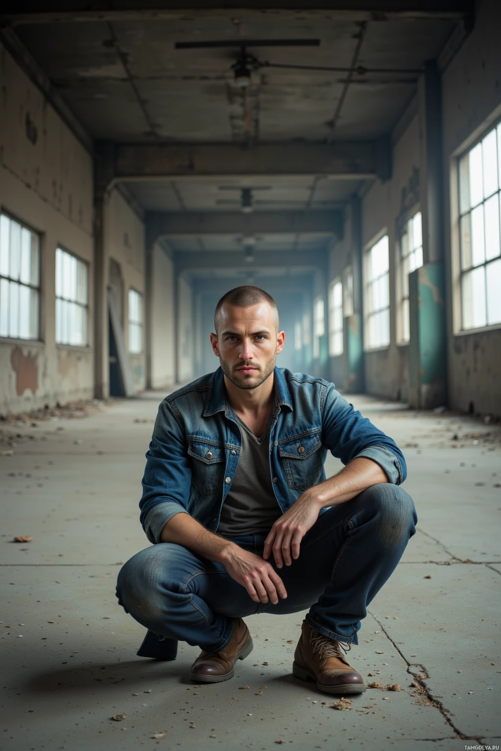 A man in a denim jacket and jeans squats in an abandoned building.