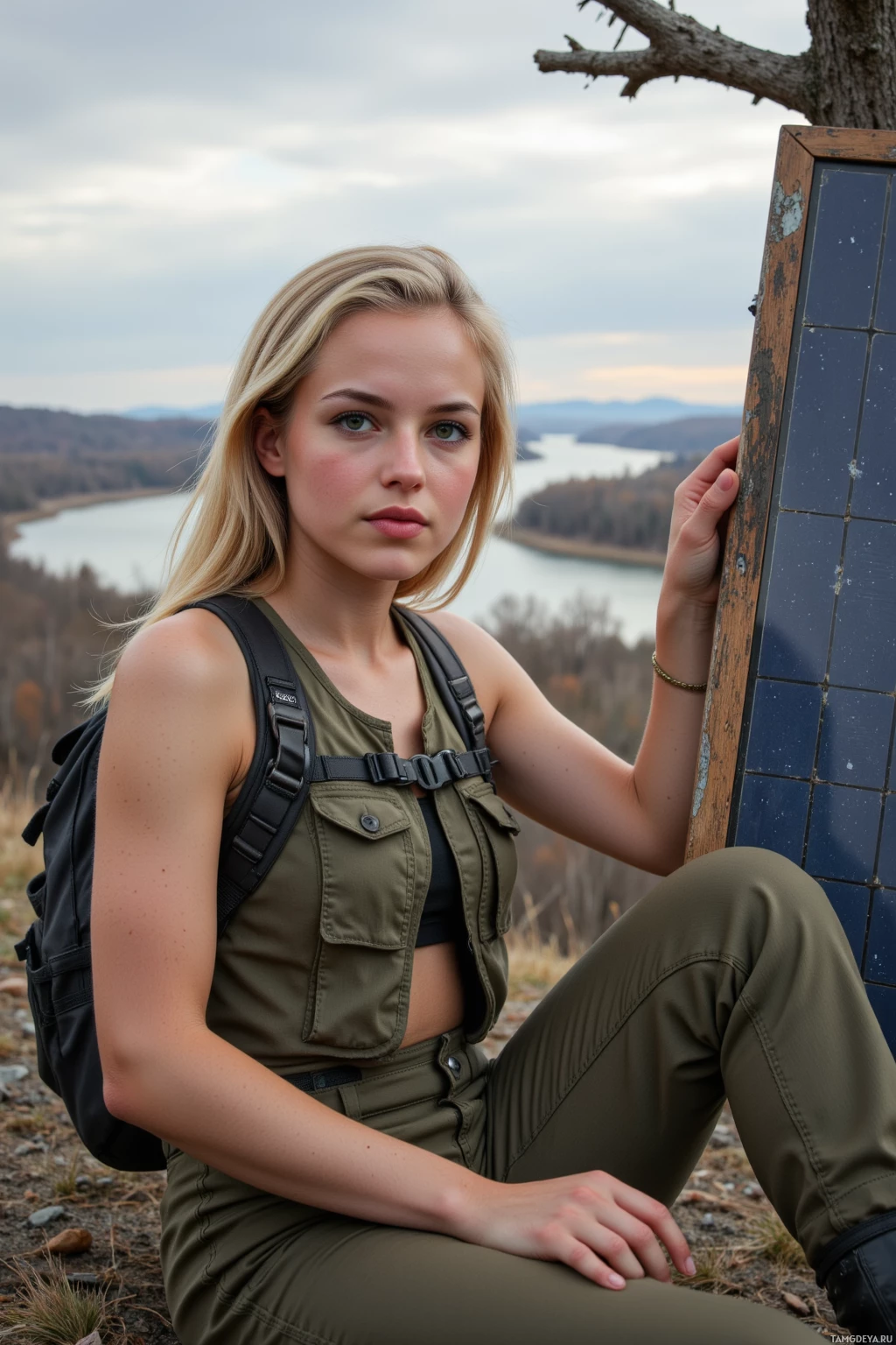 A person in outdoor attire leans against a signpost, overlooking a scenic landscape.
