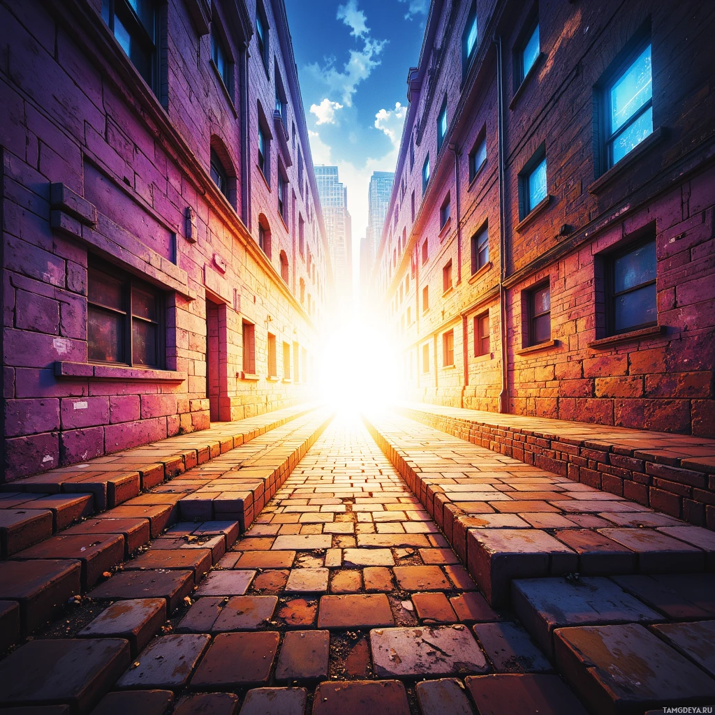 A sunlit alleyway with brick buildings and a clear sky.