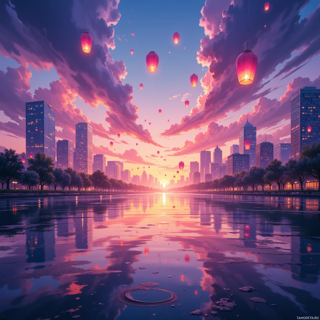 A cityscape with glowing lanterns floating in the sky and reflecting on calm water at sunset.