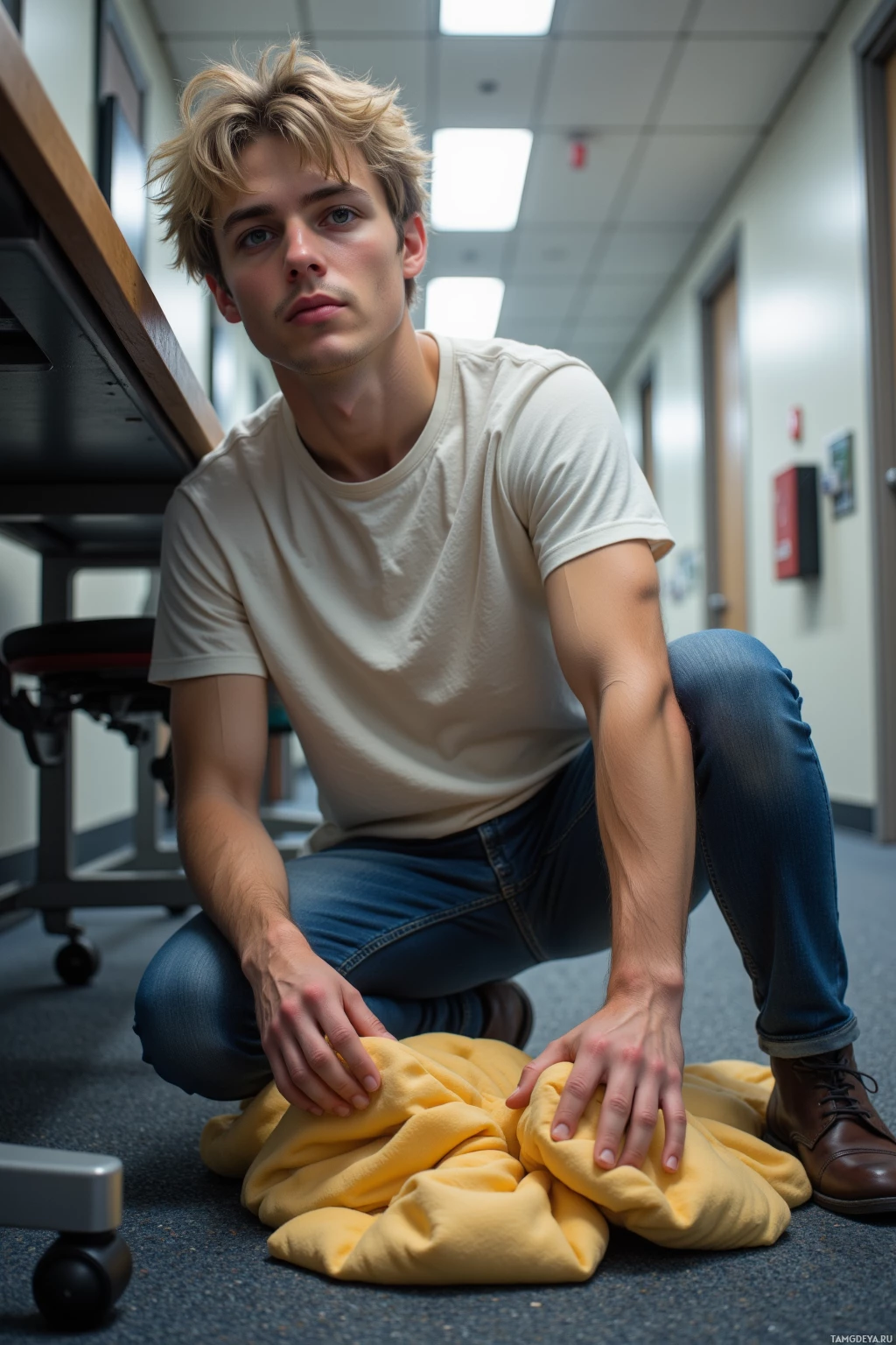 A person is crouching on the floor in an office hallway, holding a yellow garment.