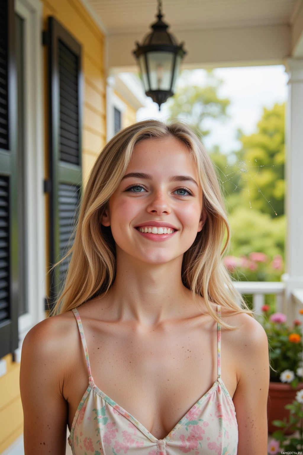 A person with blonde hair and a floral top smiles on a porch.