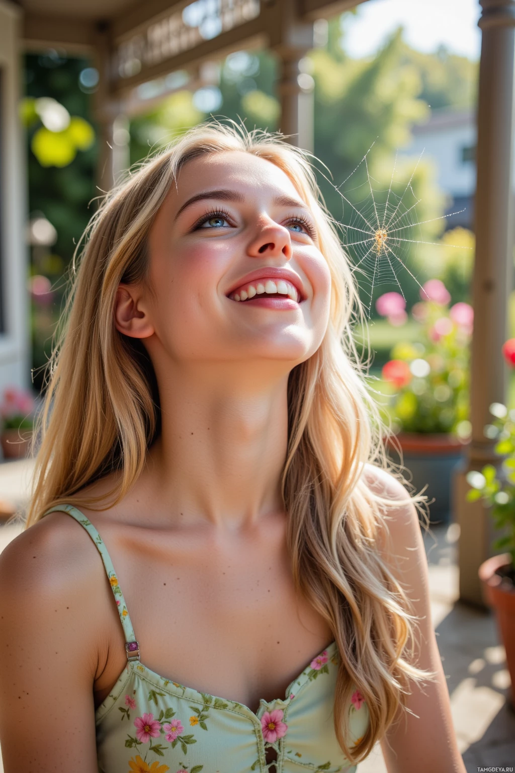 A young woman with long blonde hair smiles outdoors, wearing a floral top.