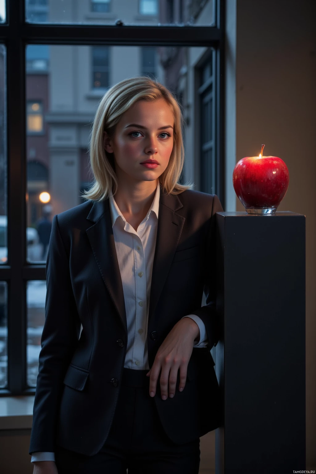 A woman in a business suit stands beside a lit red apple on a pedestal.