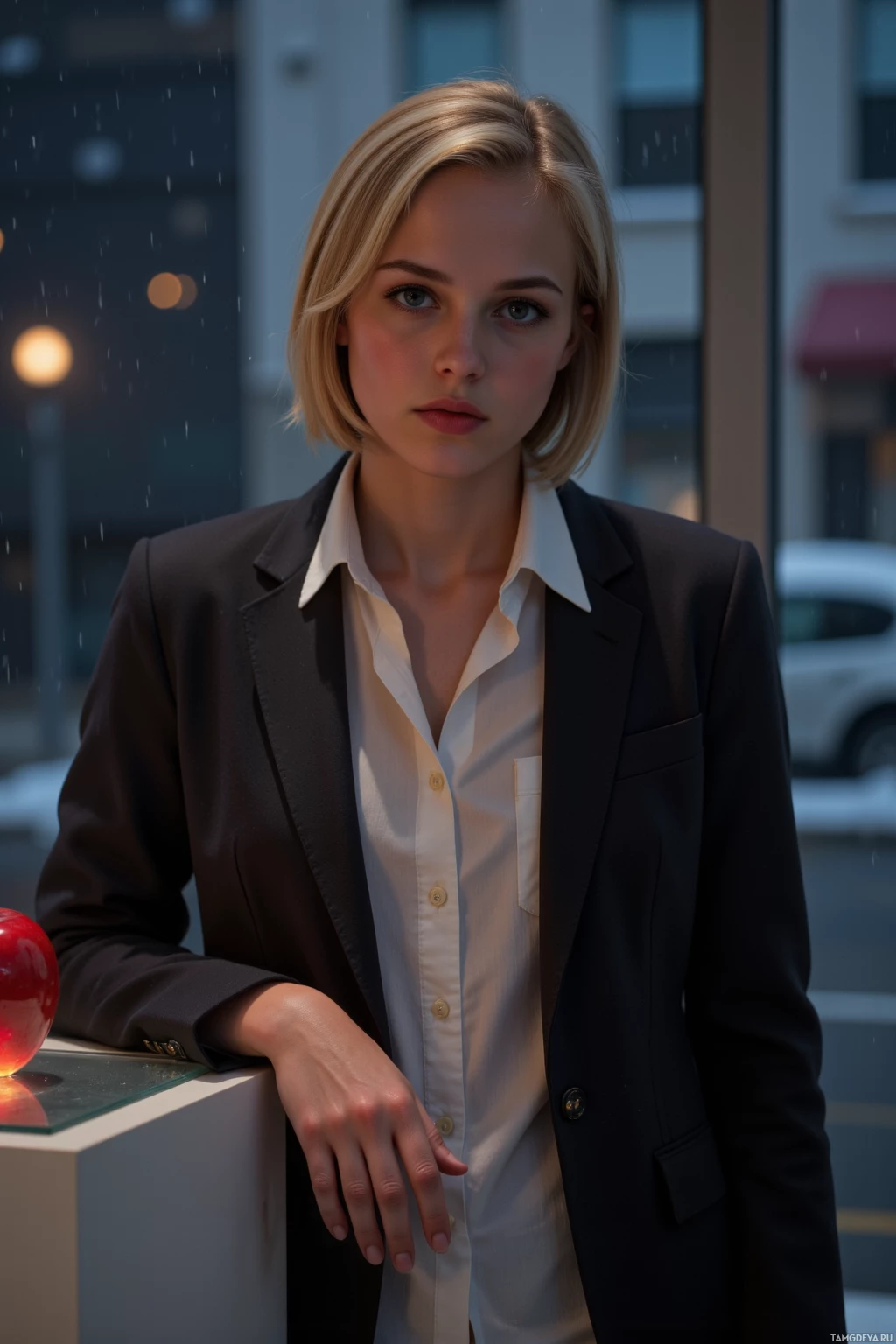 A person in a business suit stands outdoors in the evening, with a red apple on a glass surface nearby.
