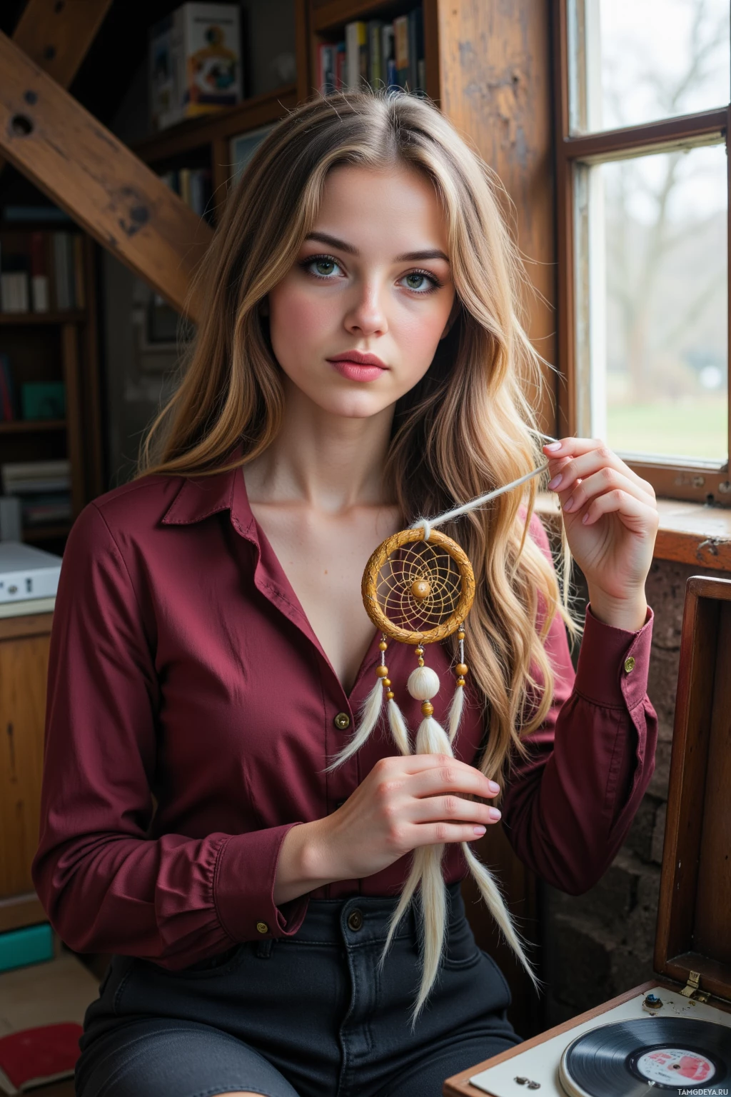 A person in a maroon shirt holds a dreamcatcher in front of a window.