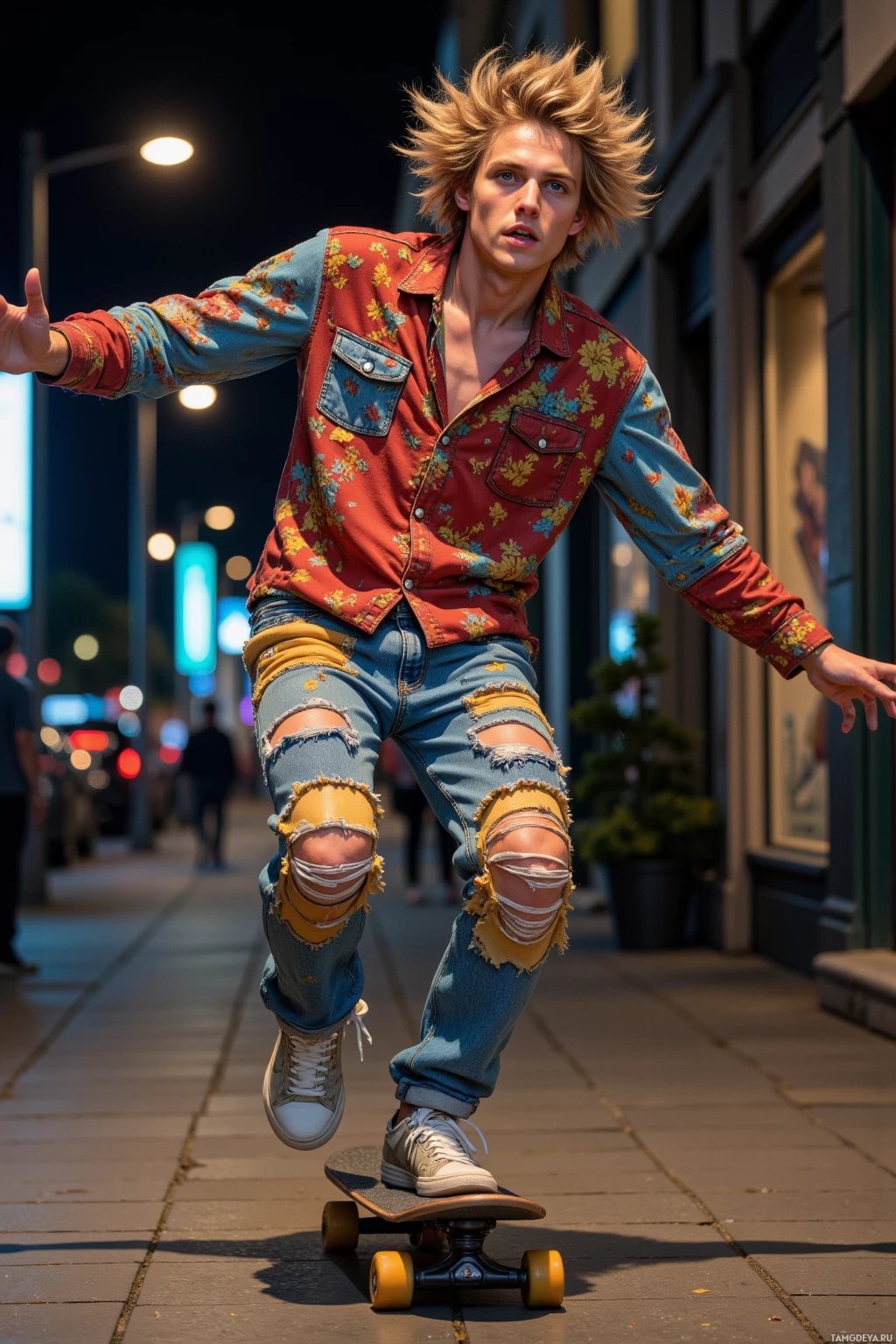 A person skateboarding on a city sidewalk at night.