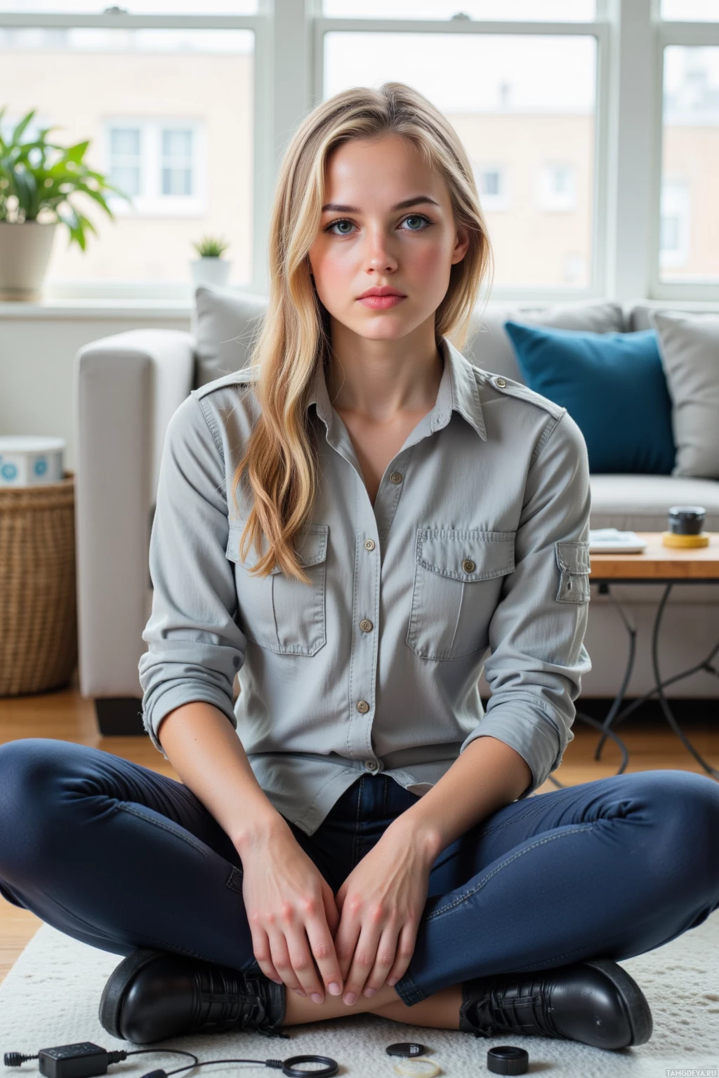 Realistic high quality photo. A woman with blonde braids, blue eyes, in a light grey utility shirt, navy cargo pants, and black work shoes sits on an anti‑static mat in a bright living room during lunch, surrounded by cables, electronic components.