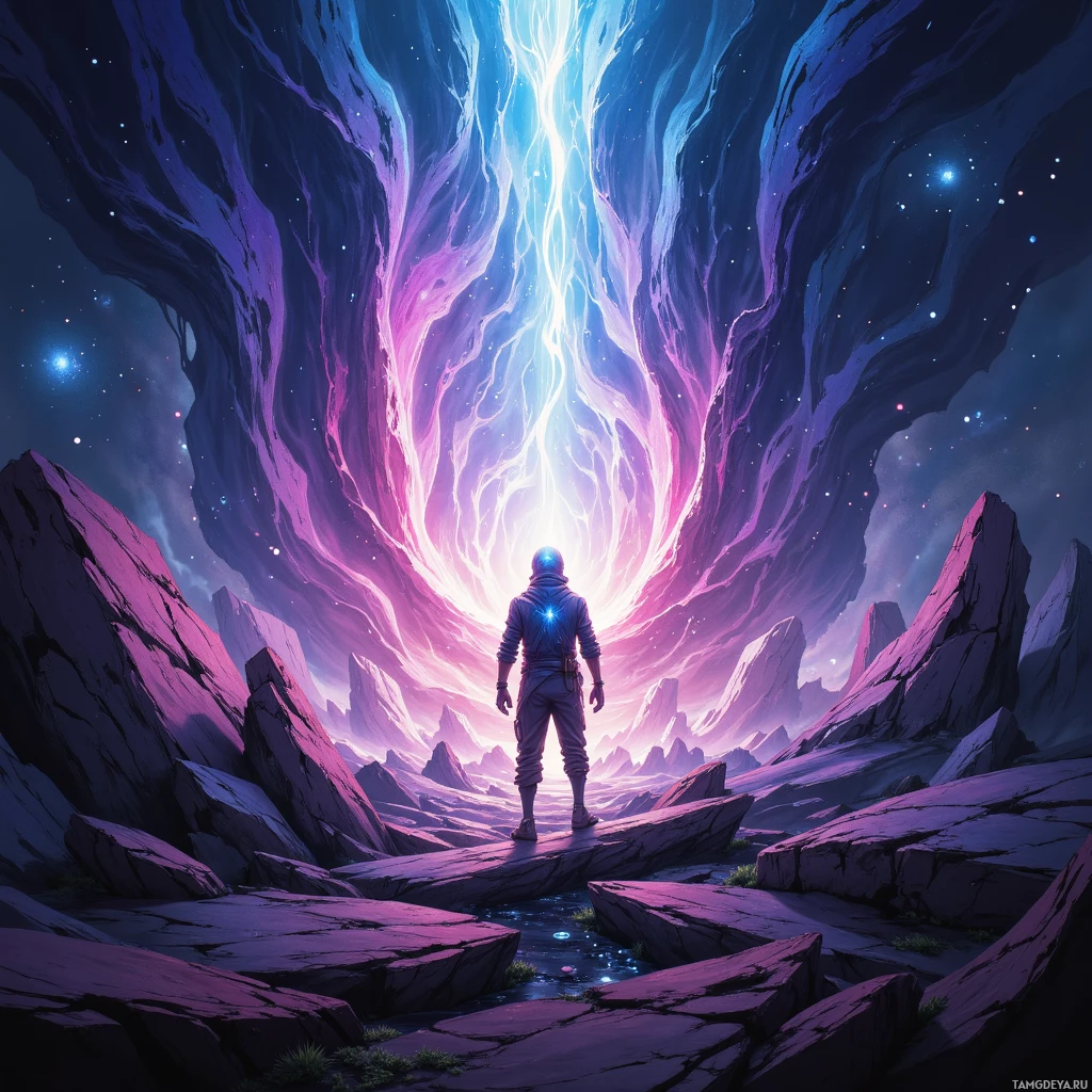 A lone figure stands on rocky terrain, gazing up at a glowing, cosmic portal.