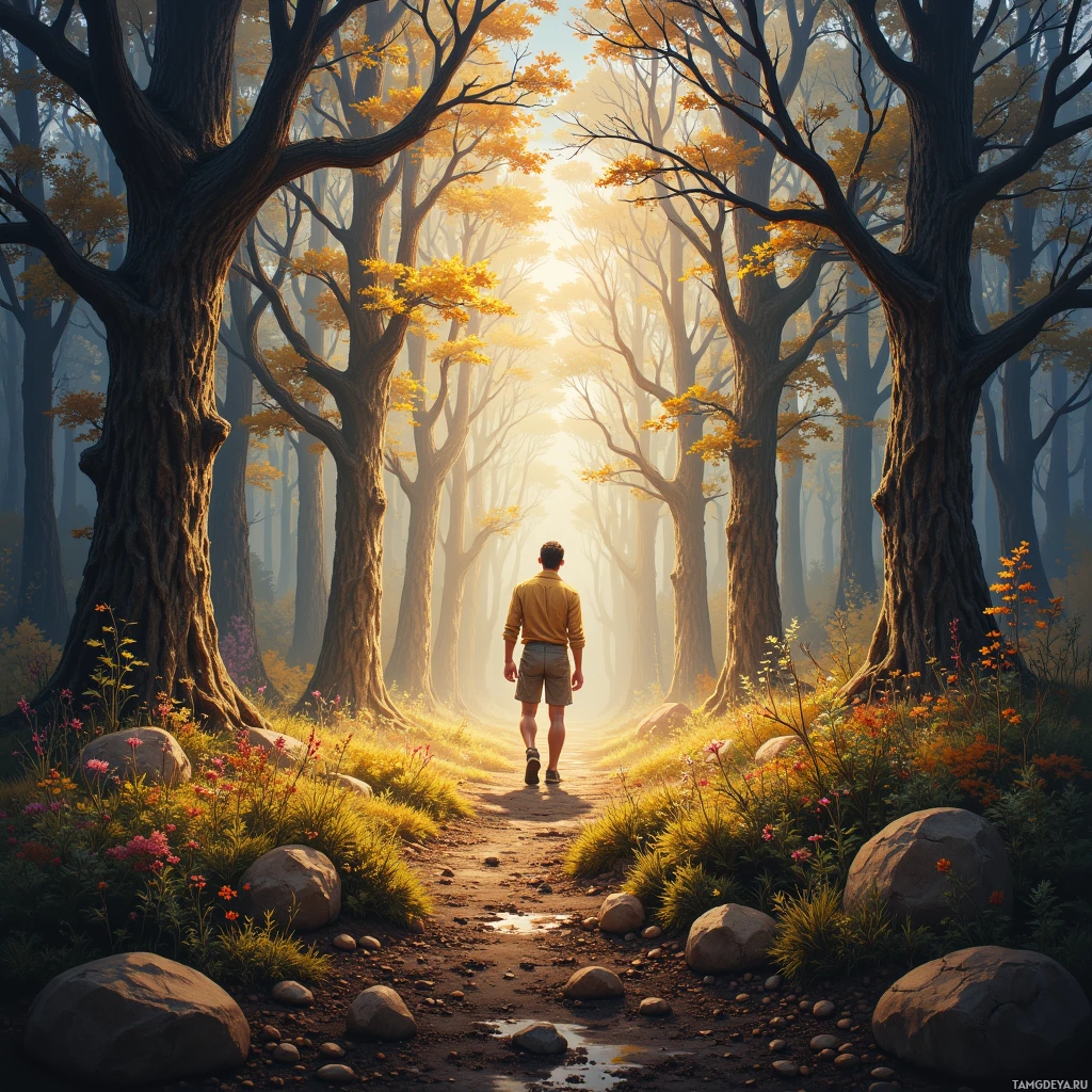 A man walks along a forest path surrounded by tall trees and vibrant flowers.