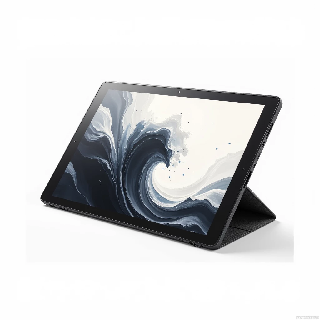 A black tablet with a swirling abstract design on the screen is displayed on a white background.