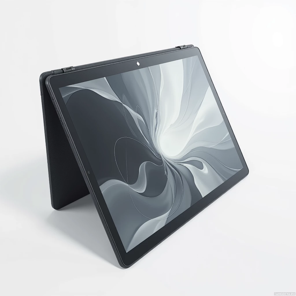 A tablet with a black case and a white abstract design on the screen.