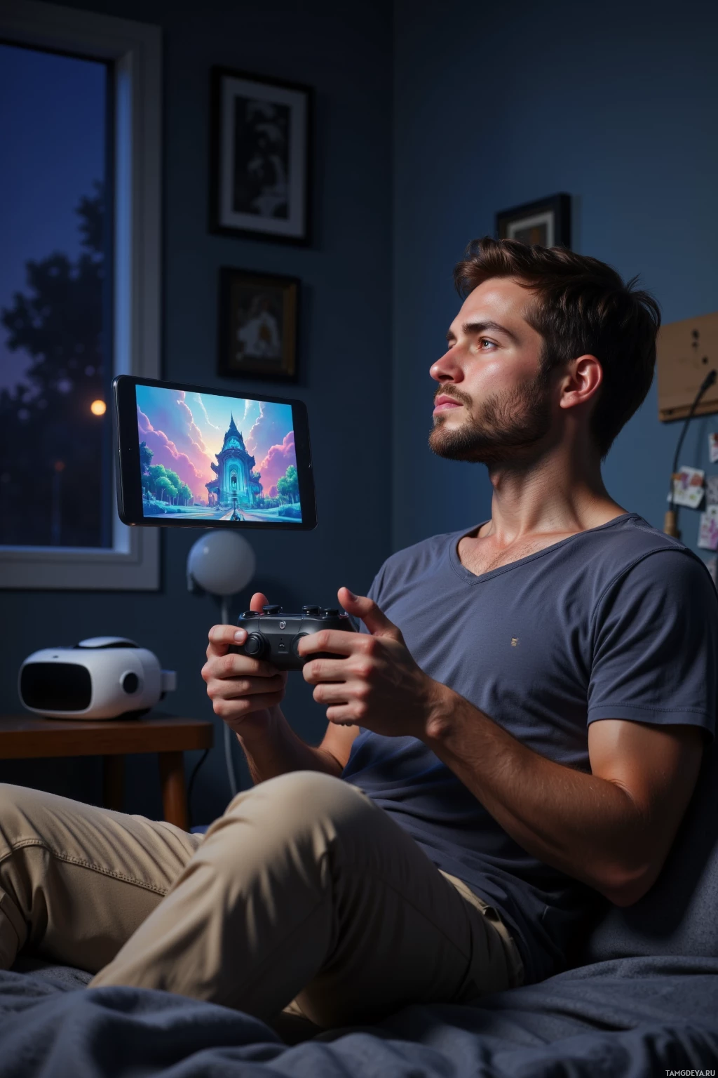 A person is sitting on a bed, holding a game controller and looking at a tablet displaying a colorful scene.