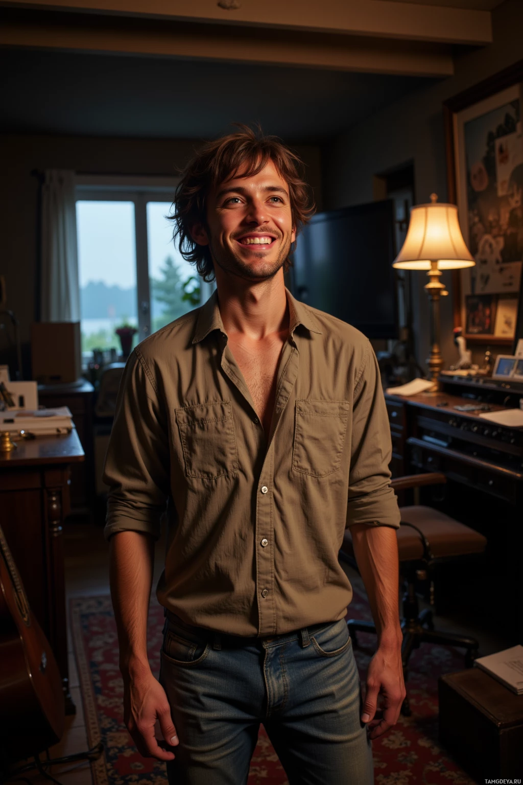 A person stands in a warmly lit room, wearing a button-up shirt and jeans, smiling.