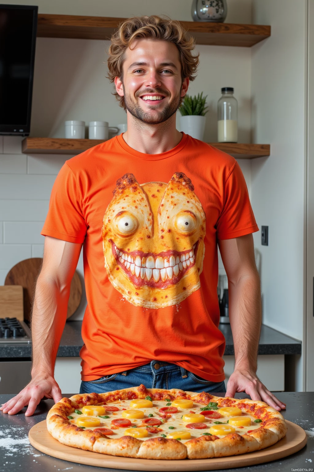 A person wearing an orange t-shirt with a pizza face design stands behind a freshly baked pizza on a wooden board in a kitchen setting.