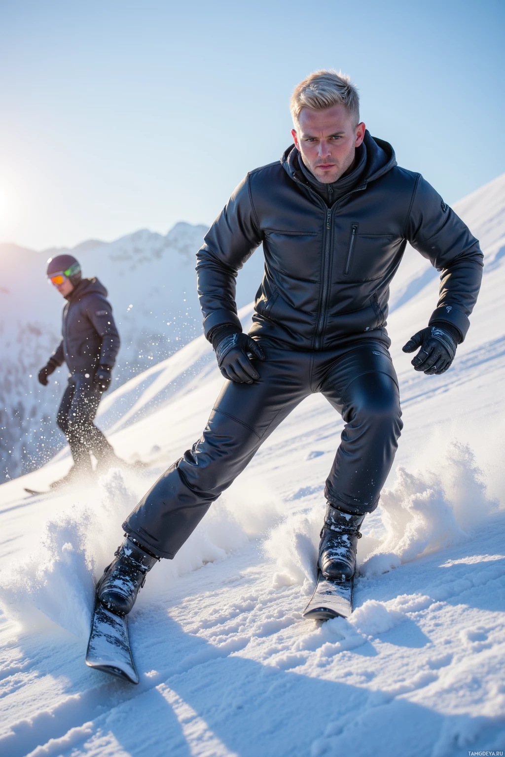 A man in a black ski outfit is skiing down a snowy slope.