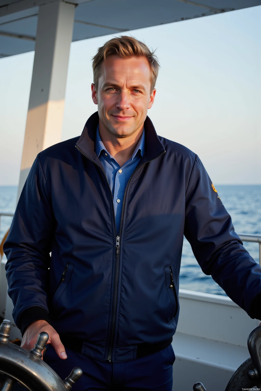 A man in a navy blue jacket stands on a boat, holding the wheel.