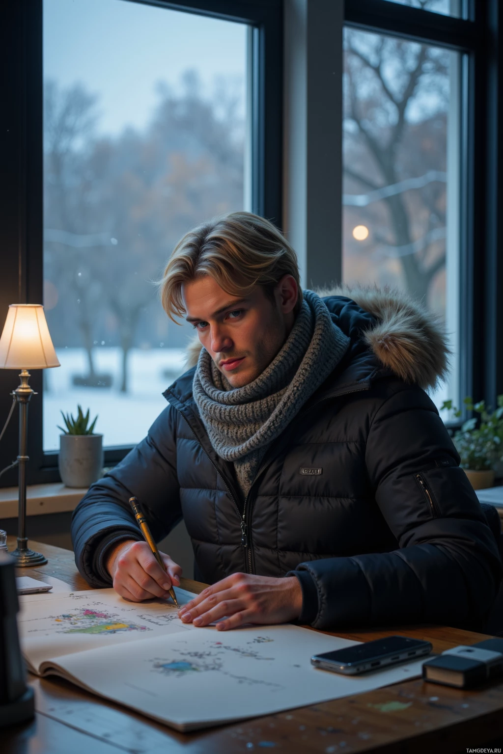 A person wearing a winter coat and scarf is drawing at a desk by a window.
