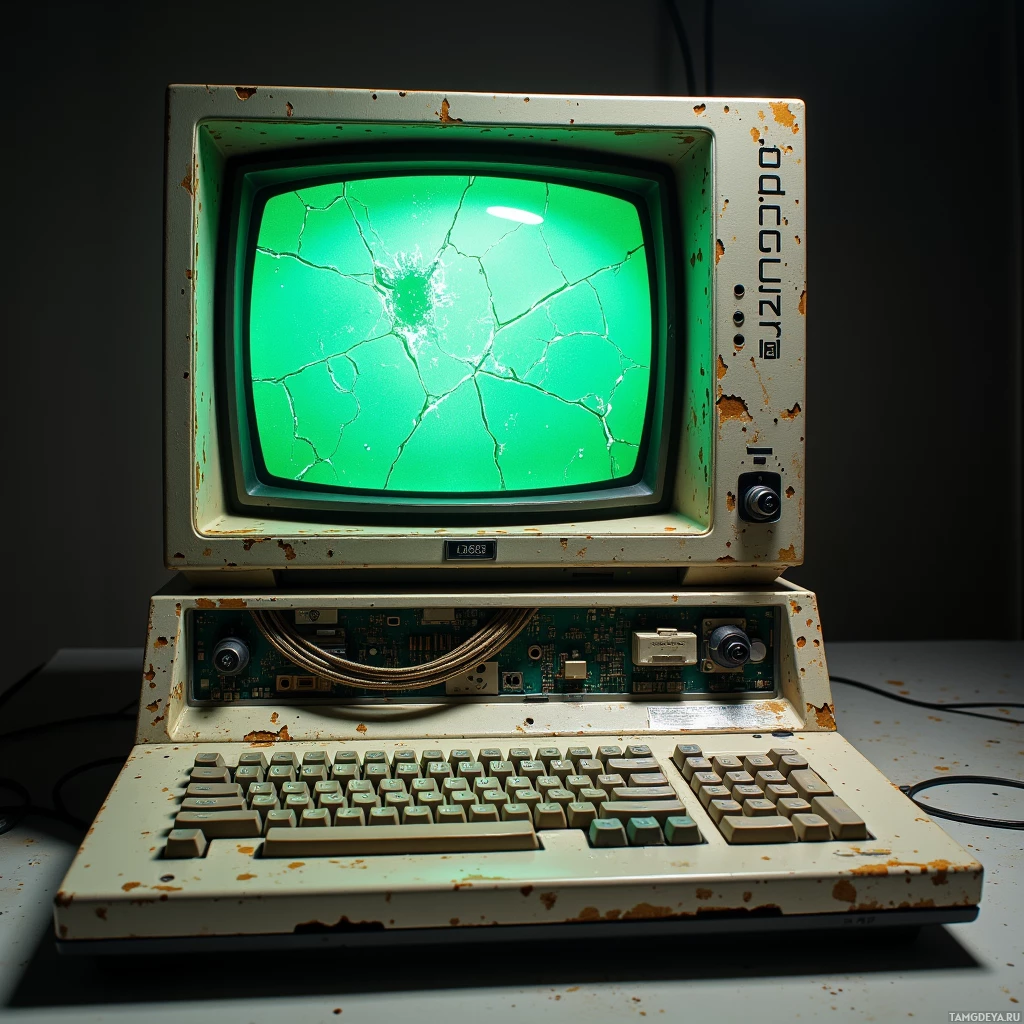 An old, rusted computer with a cracked green screen and visible circuitry.