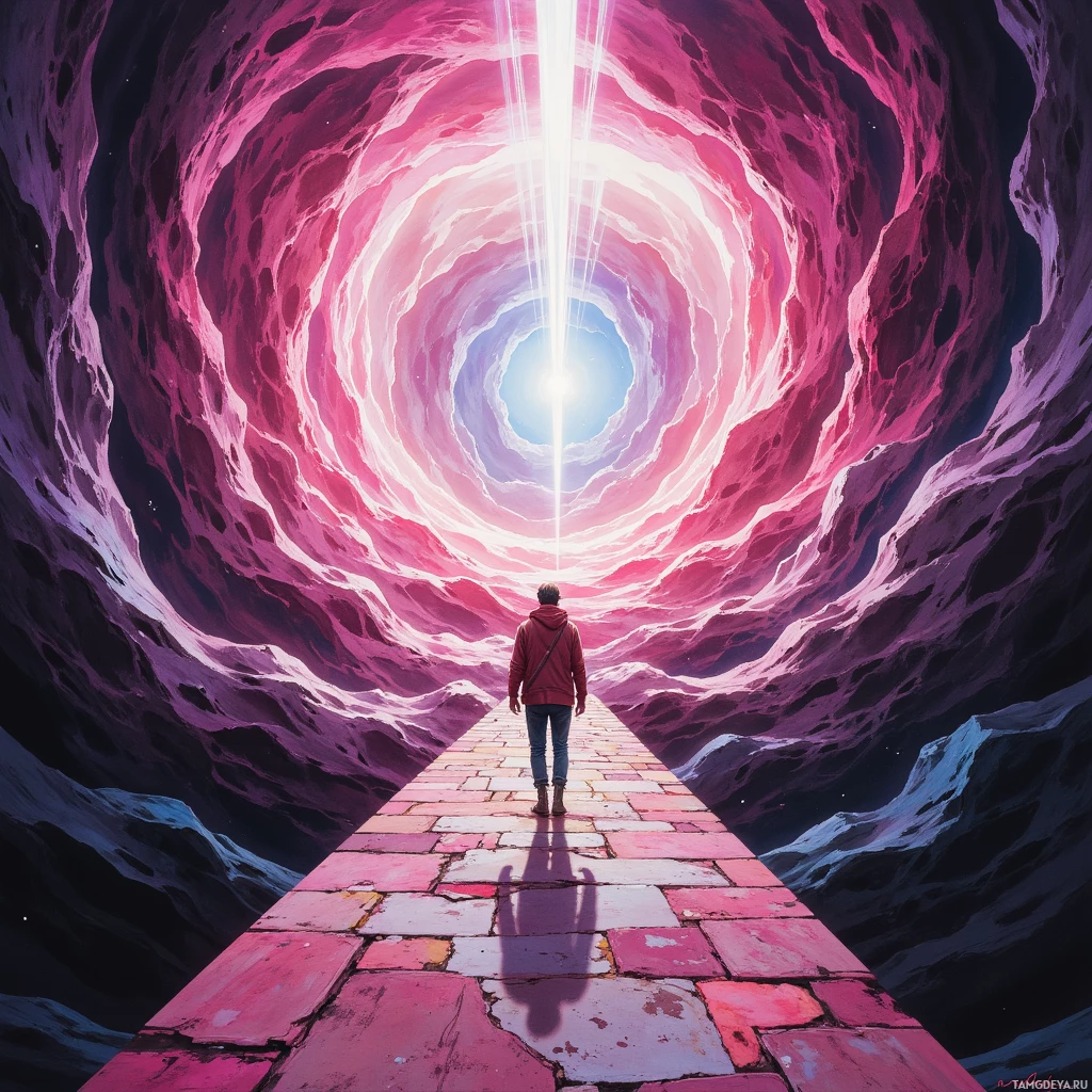 A person walks down a path towards a bright light at the end of a tunnel with swirling pink and purple walls.