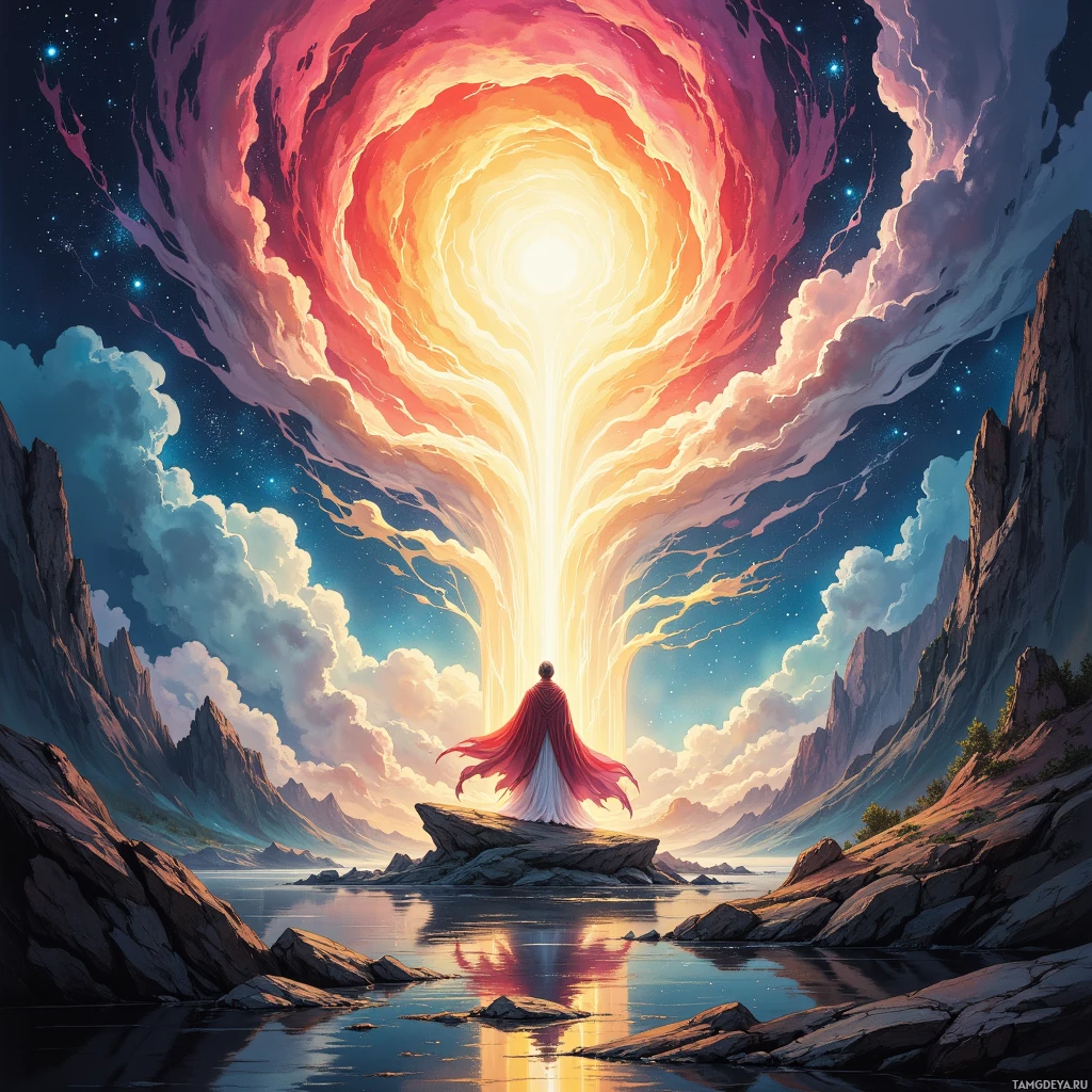 A figure stands on a rocky outcrop, gazing at a radiant, swirling portal in the sky.