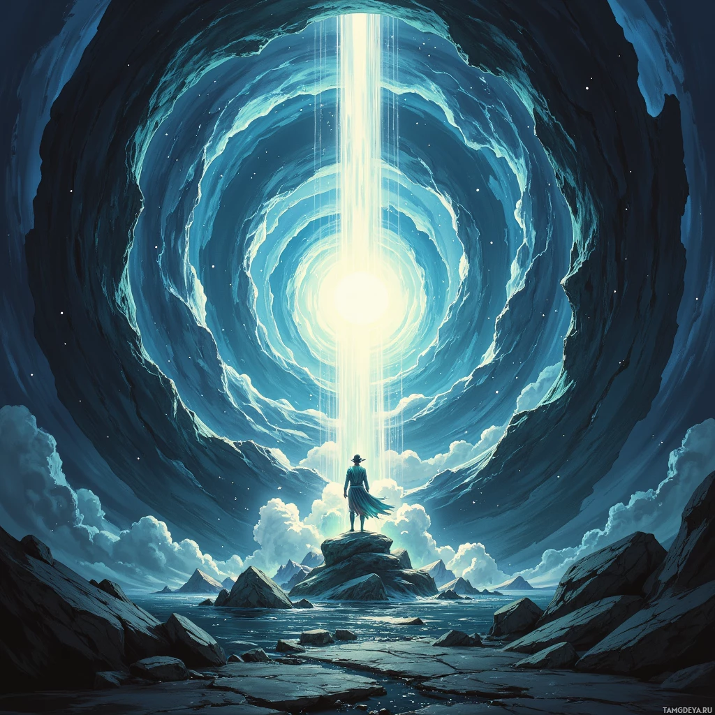 A lone figure stands on a rocky outcrop, gazing at a bright, glowing portal in the sky.