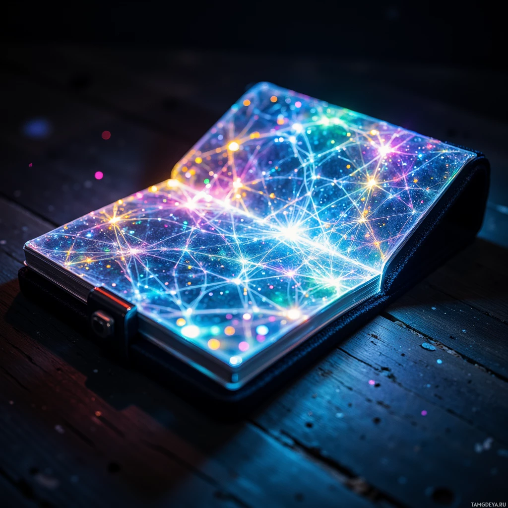 A glowing, colorful, starry design on a notebook resting on a dark surface.