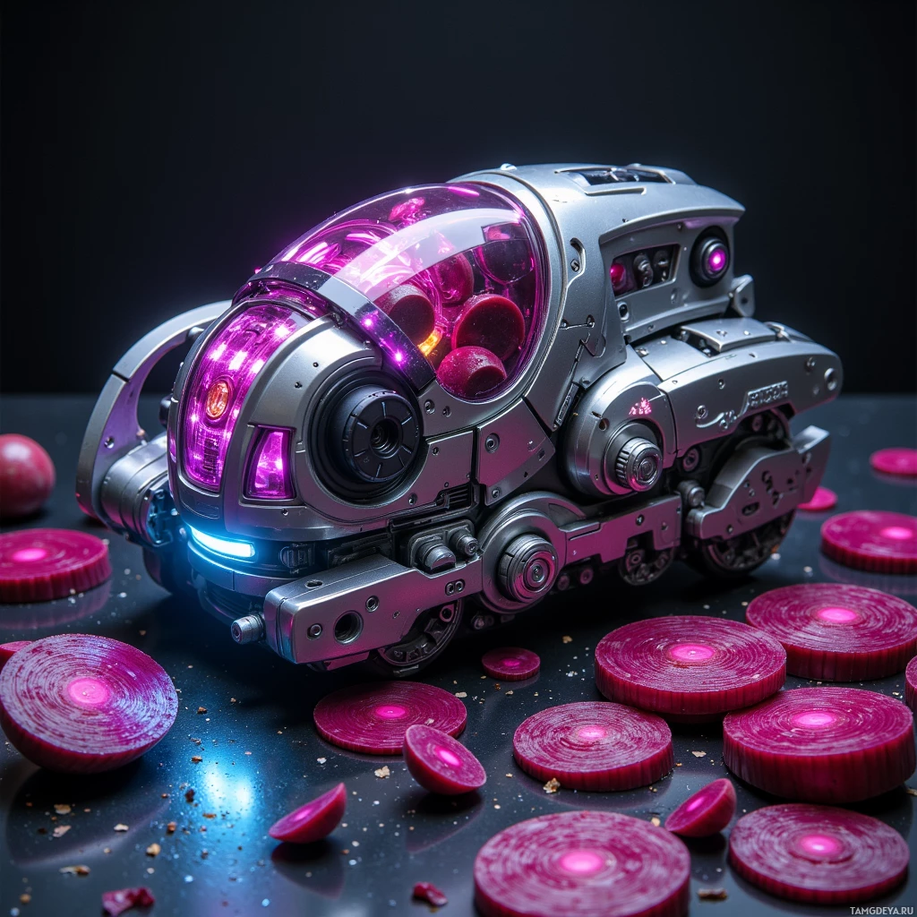 A futuristic robot with glowing purple lights and mechanical components surrounded by sliced beets.