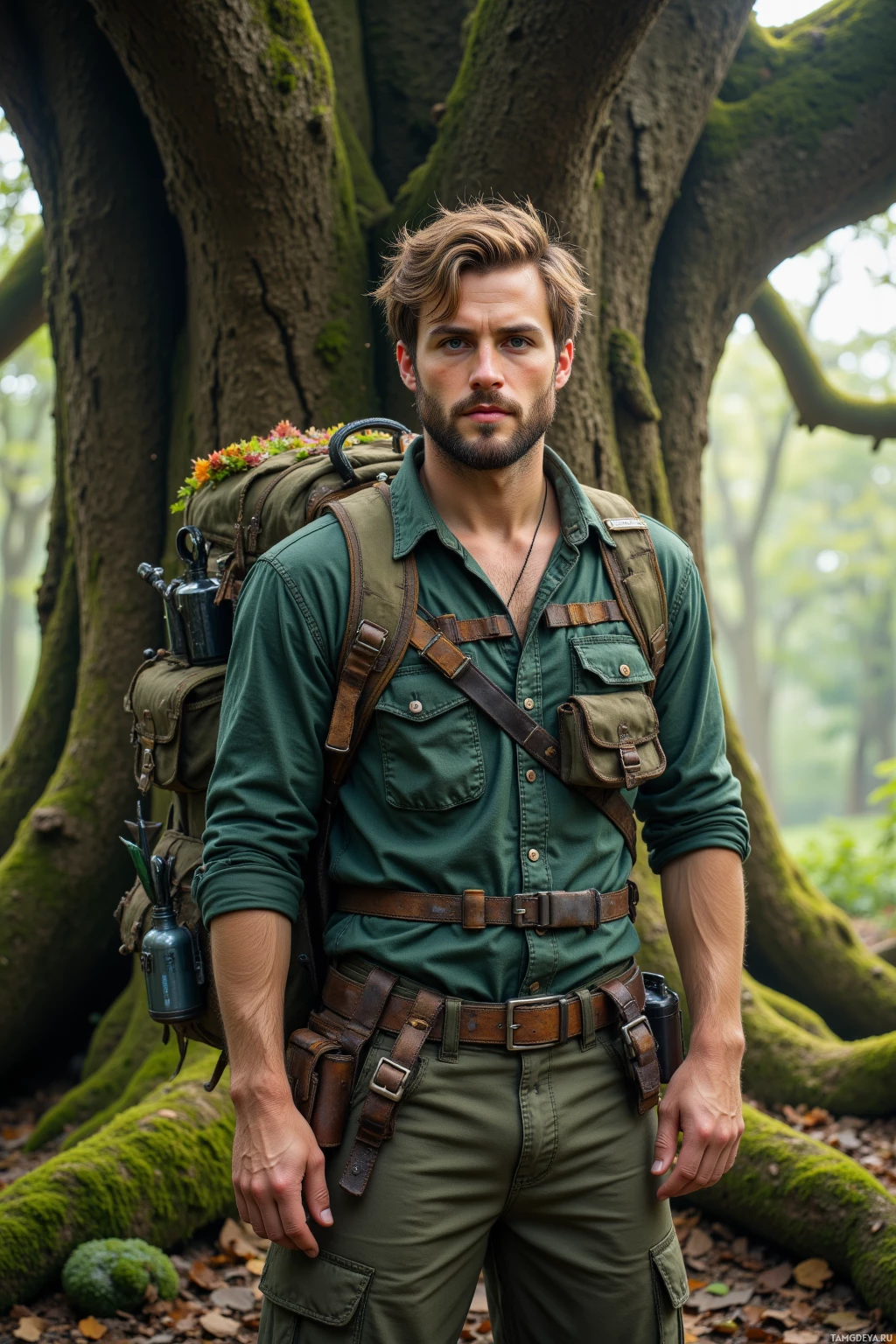 A man in green attire with a backpack stands amidst moss-covered trees in a forest setting.
