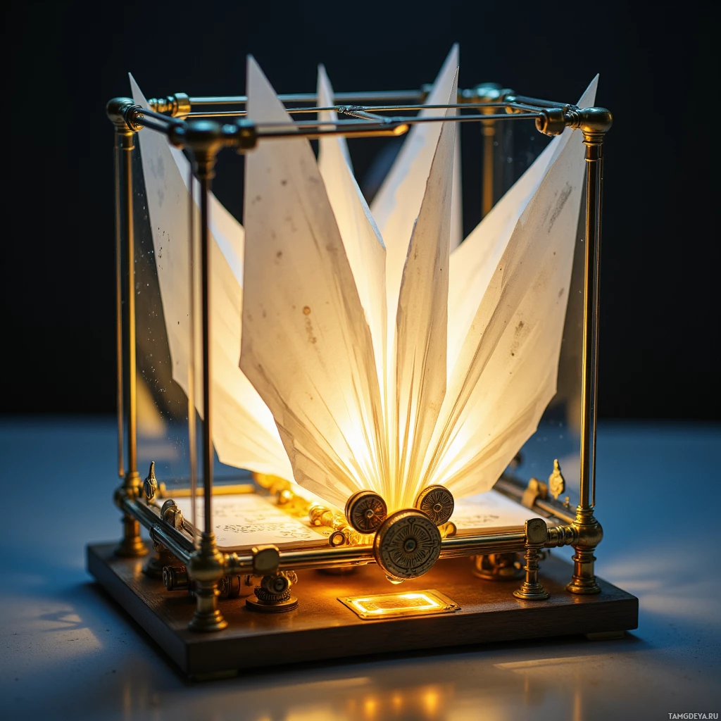A decorative lamp with illuminated paper sails and ornate brass framework.