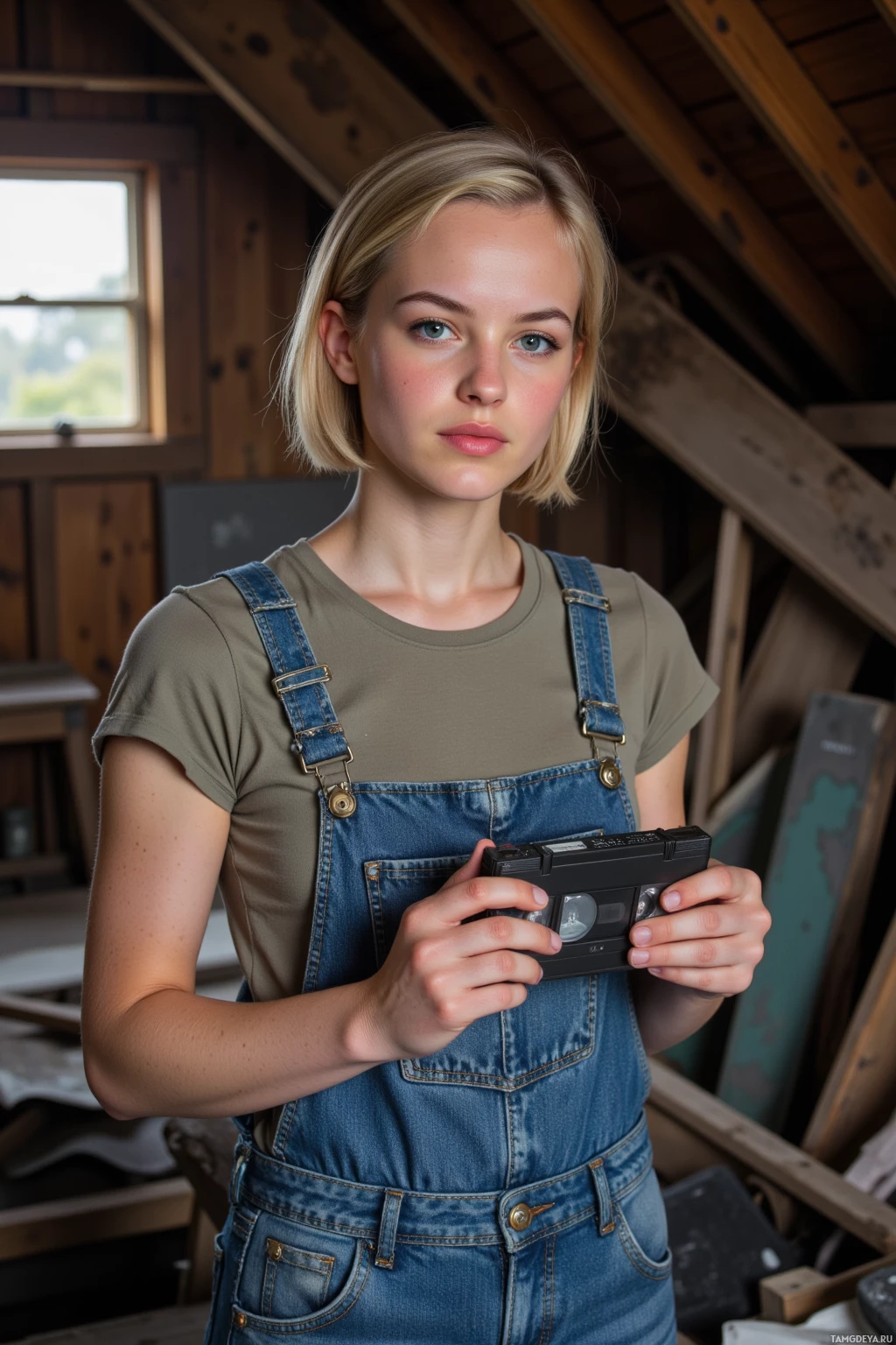 A person wearing denim overalls and a green shirt holds an old camera in front of them.