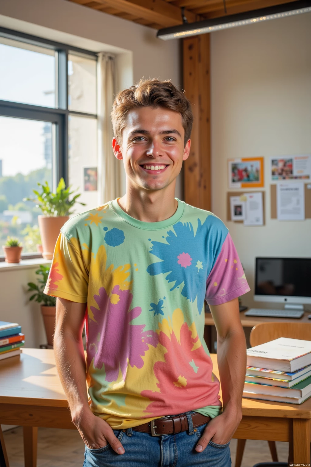 A person wearing a colorful tie-dye t-shirt smiles in an indoor setting with books and plants visible on desks.