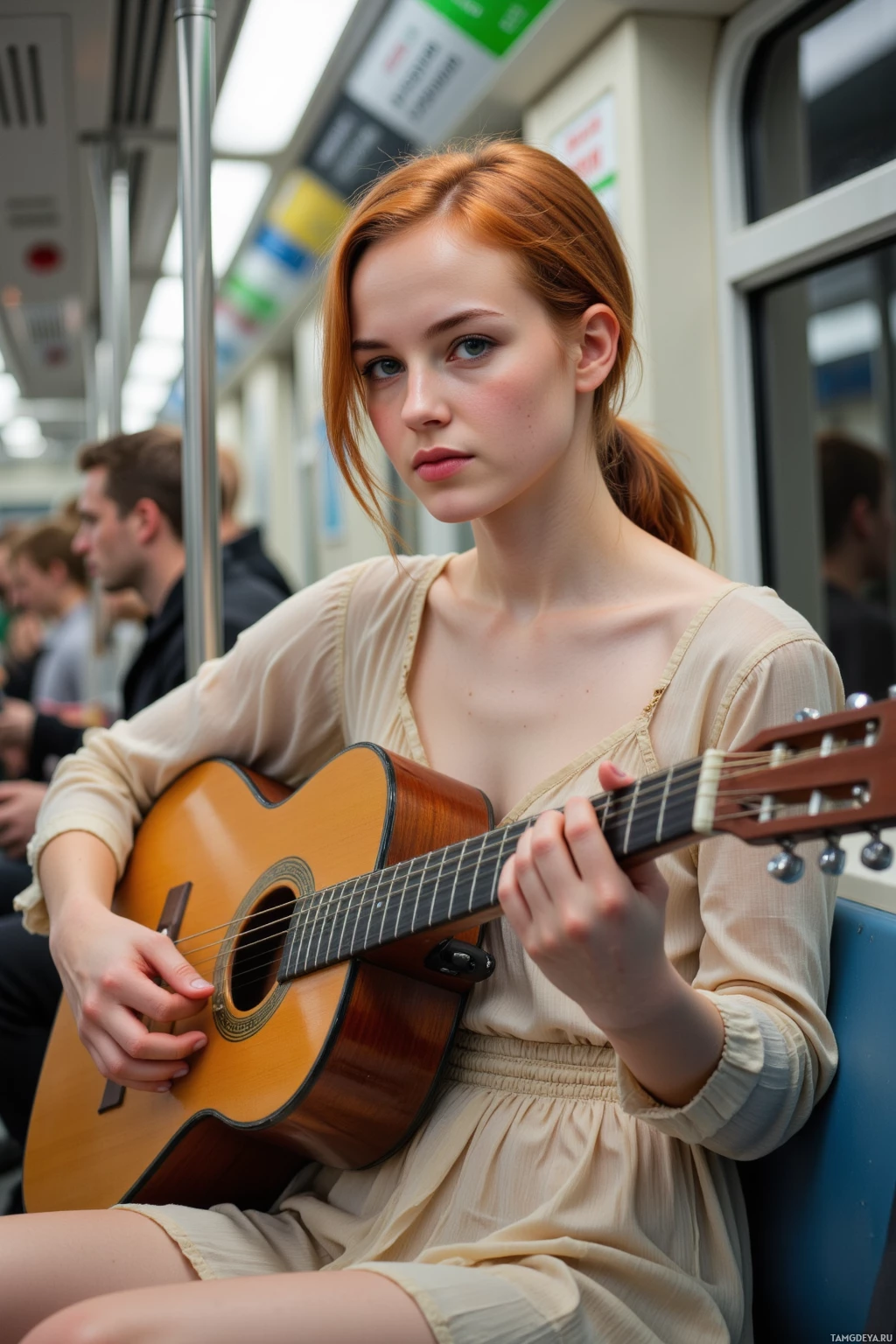 A woman plays an acoustic guitar while sitting on a subway train.