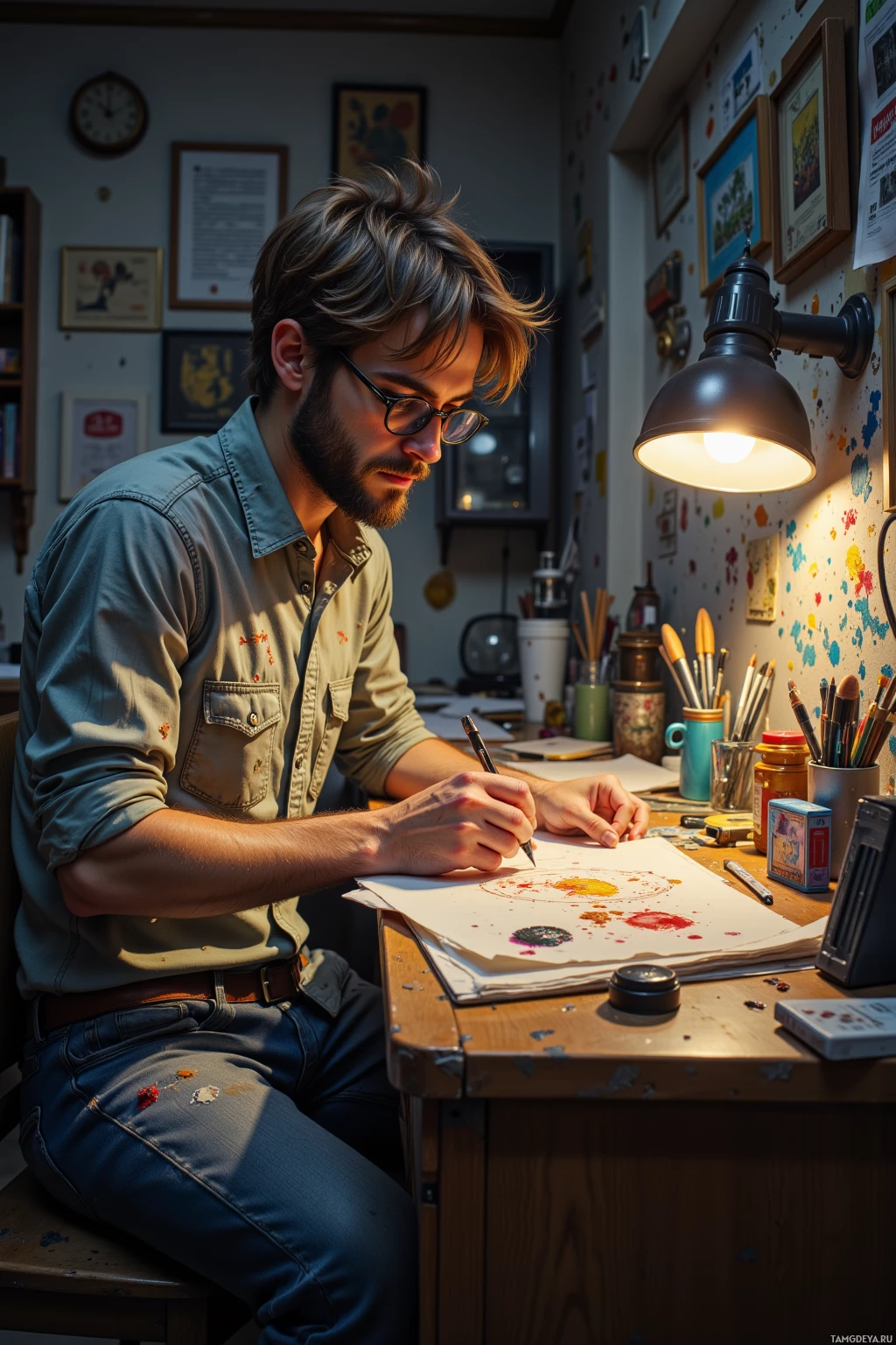 A man is sitting at a desk in a cluttered studio, drawing with a pen.